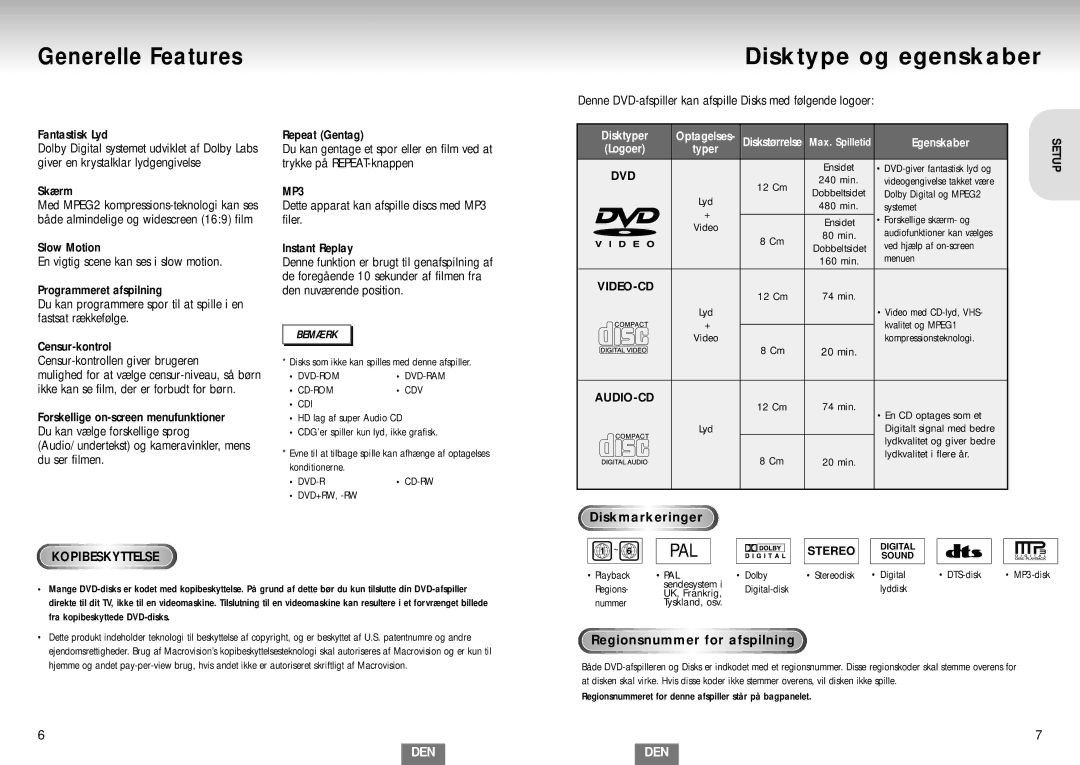 Samsung DVD-S224/XEE Generelle Features Disktype og egenskaber, MP3, Dvd, Diskmarkeringer, Regionsnummer for afspilning 