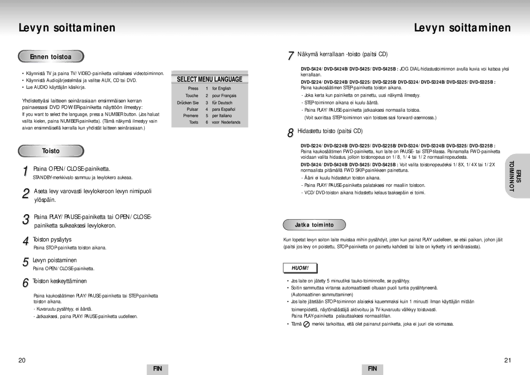 Samsung DVD-S224/XEE manual Levyn soittaminen 