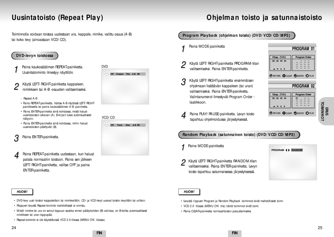Samsung DVD-S224/XEE manual Uusintatoisto Repeat Play, Ohjelman toisto ja satunnaistoisto 