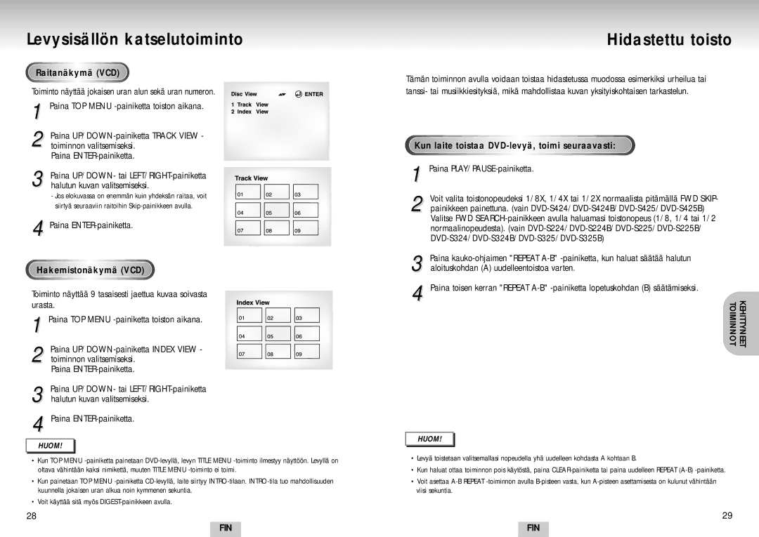 Samsung DVD-S224/XEE manual Levysisällön katselutoiminto, Hidastettu toisto, Raitanäkymä VCD, Hakemistonäkymä VCD 