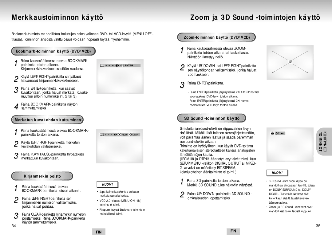 Samsung DVD-S224/XEE manual Zoom ja 3D Sound -toimintojen käyttö, Zoom-toiminnonkäyttö DVD/VCD 