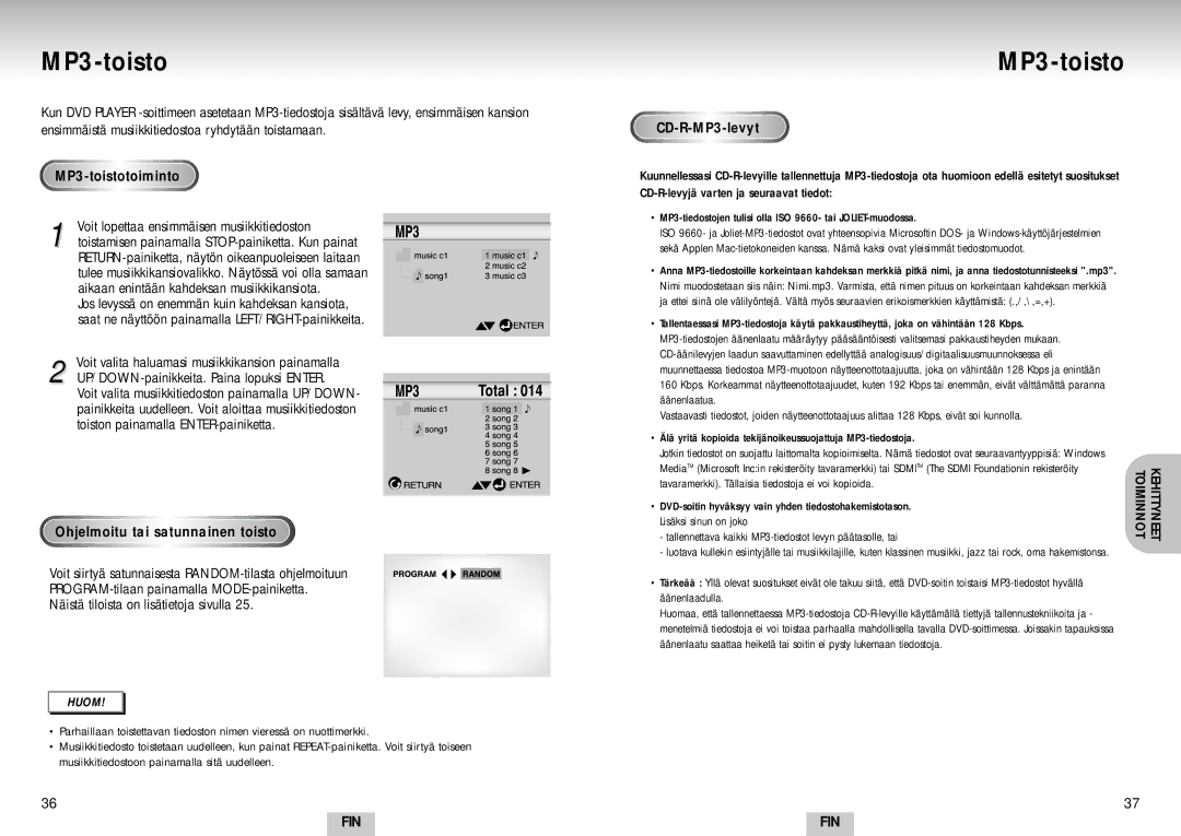 Samsung DVD-S224/XEE manual MP3-toistotoiminto, Ohjelmoitu tai satunnainen toisto, CD-R-MP3-levyt 