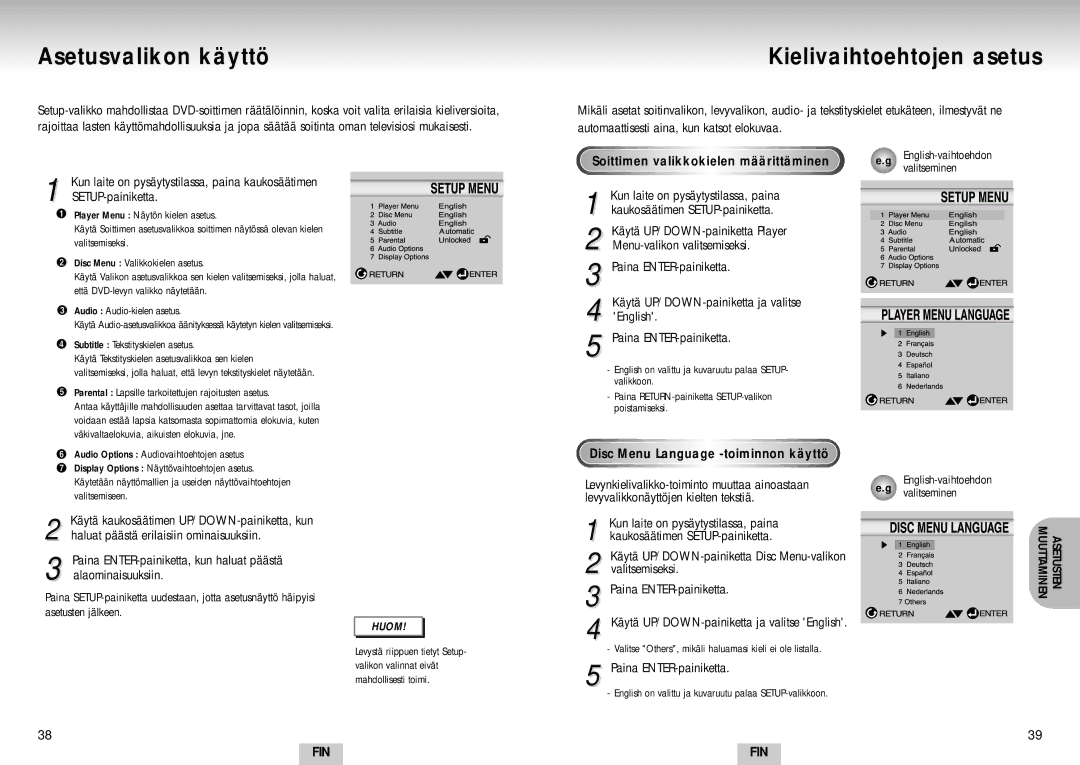 Samsung DVD-S224/XEE manual Asetusvalikon käyttö, Kielivaihtoehtojen asetus, Soittimen valikkokielen määrittäminen 