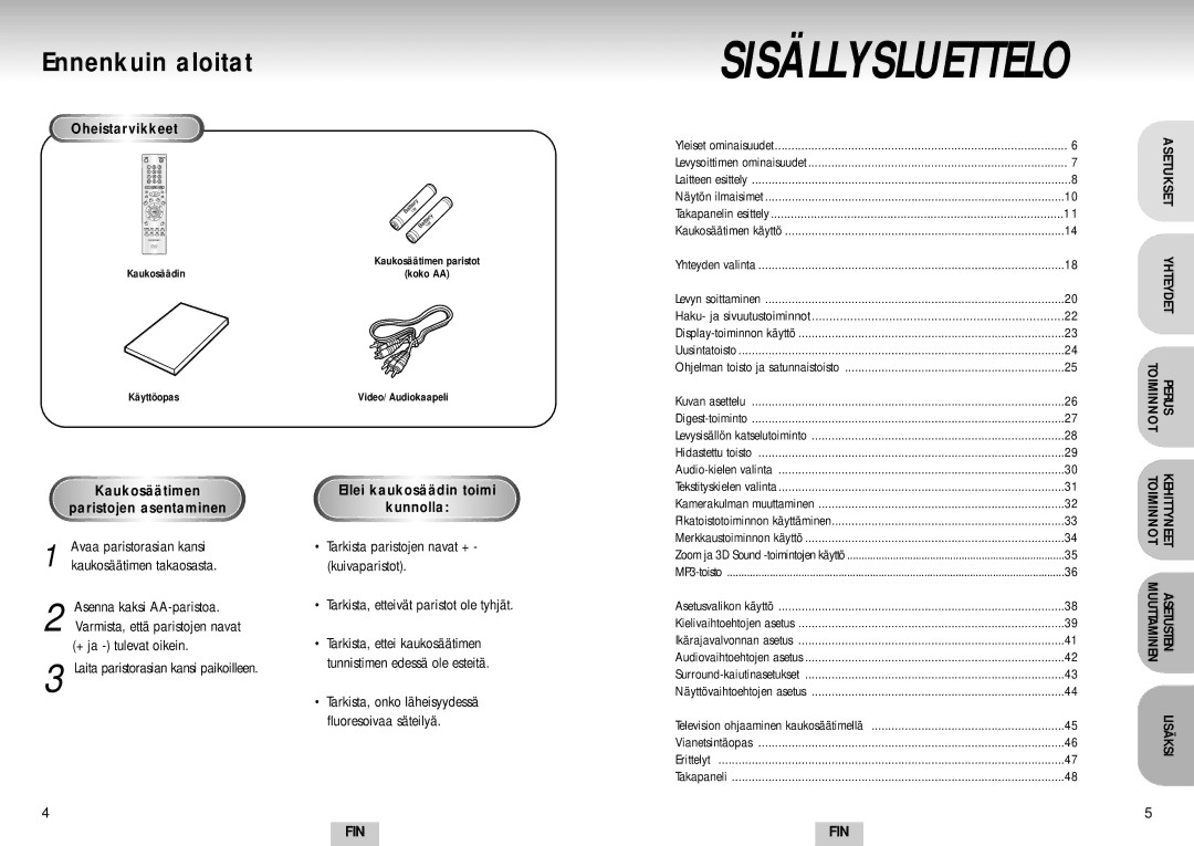 Samsung DVD-S224/XEE manual Ennenkuin aloitat, Oheistarvikkeet, Kaukosäätimen Paristojen asentaminen, Erittelyt Takapaneli 