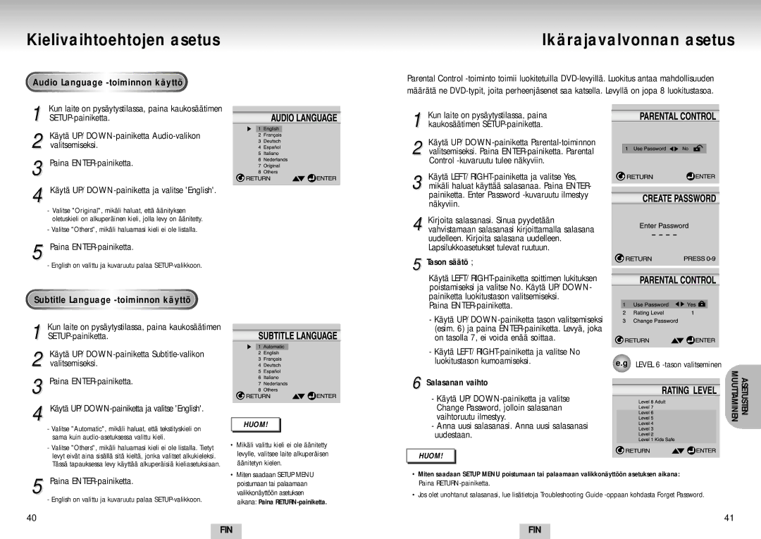 Samsung DVD-S224/XEE manual Ikärajavalvonnan asetus, Audio Language -toiminnon käyttö, Subtitle Language -toiminnon käyttö 