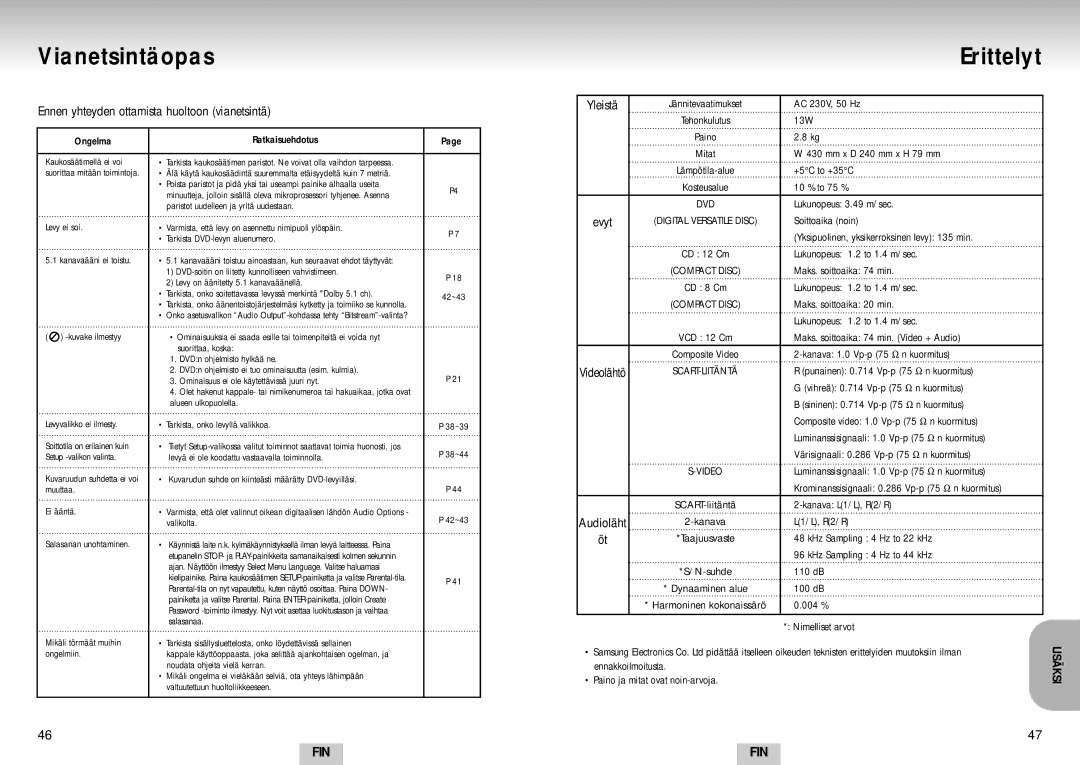 Samsung DVD-S224/XEE manual Vianetsintäopas, Erittelyt, Ennen yhteyden ottamista huoltoon vianetsintä, Yleistä, Evyt 