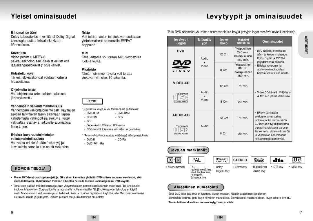 Samsung DVD-S224/XEE manual Yleiset ominaisuudet Levytyypit ja ominaisuudet, Levyjen merkinnät, Alueellinen numerointi 