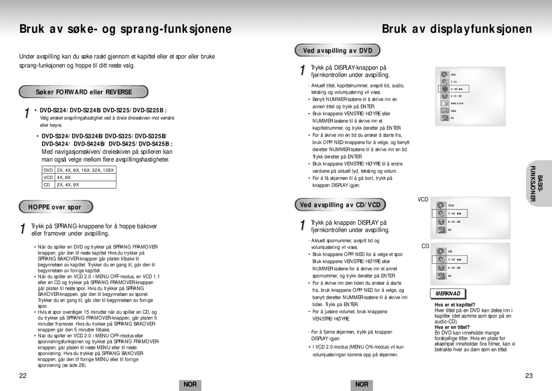 Samsung DVD-S224/XEE manual Søker Forward eller Reverse, DVD-S224/DVD-S224B/DVD-S225/DVD-S225B, Hoppe over spor 