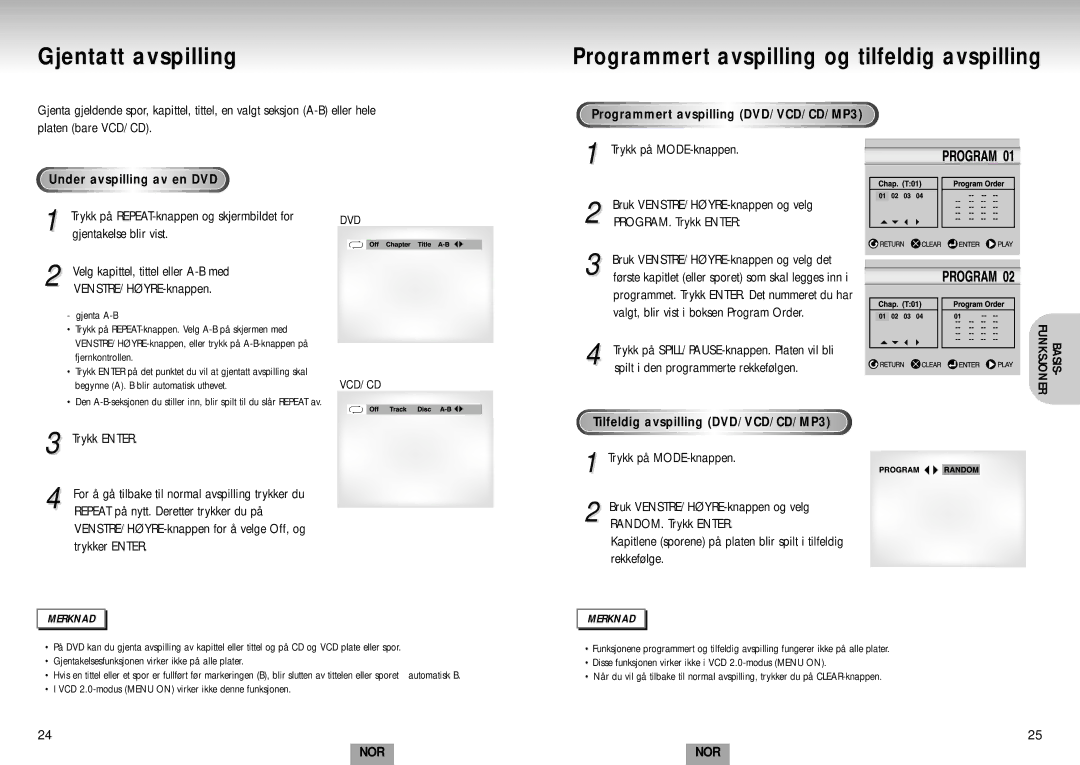 Samsung DVD-S224/XEE manual Programmert avspilling og tilfeldig avspilling, Programmert avspilling DVD/VCD/CD/MP3 