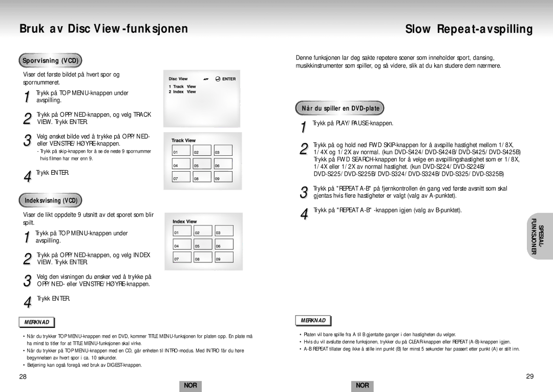 Samsung DVD-S224/XEE manual Bruk av Disc View-funksjonen, Slow Repeat-avspilling, Sporvisning VCD, Indeksvisning VCD 