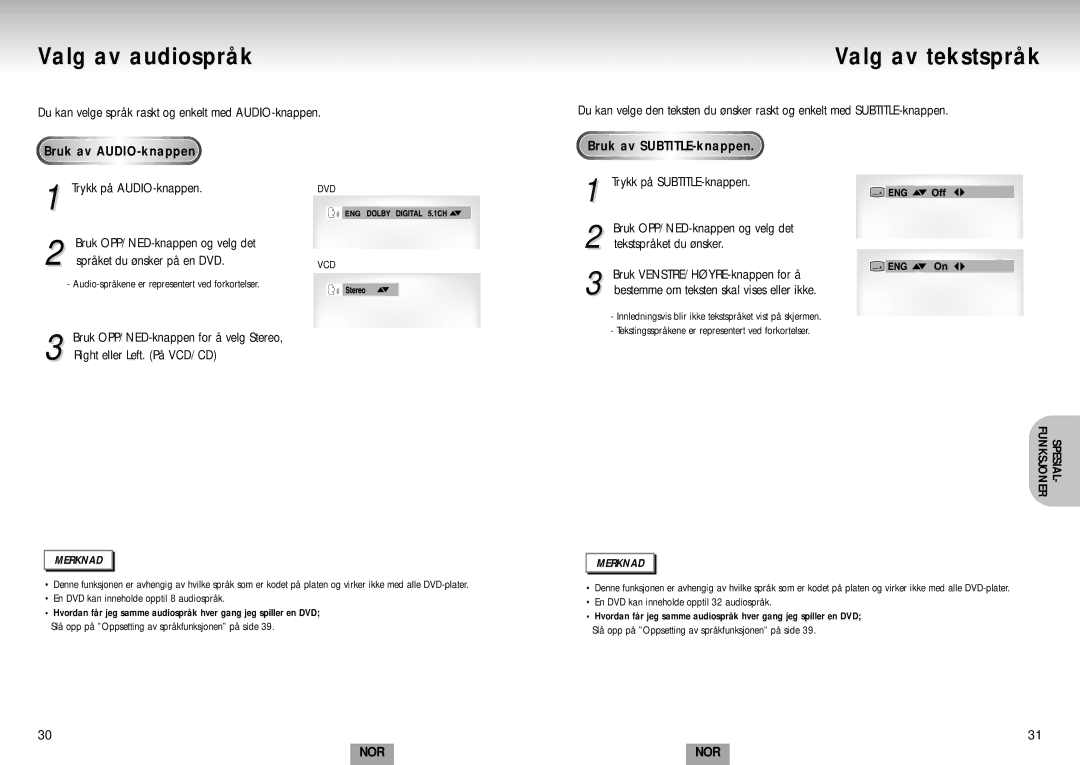 Samsung DVD-S224/XEE manual Valg av audiospråk, Valg av tekstspråk, Du kan velge språk raskt og enkelt med AUDIO-knappen 