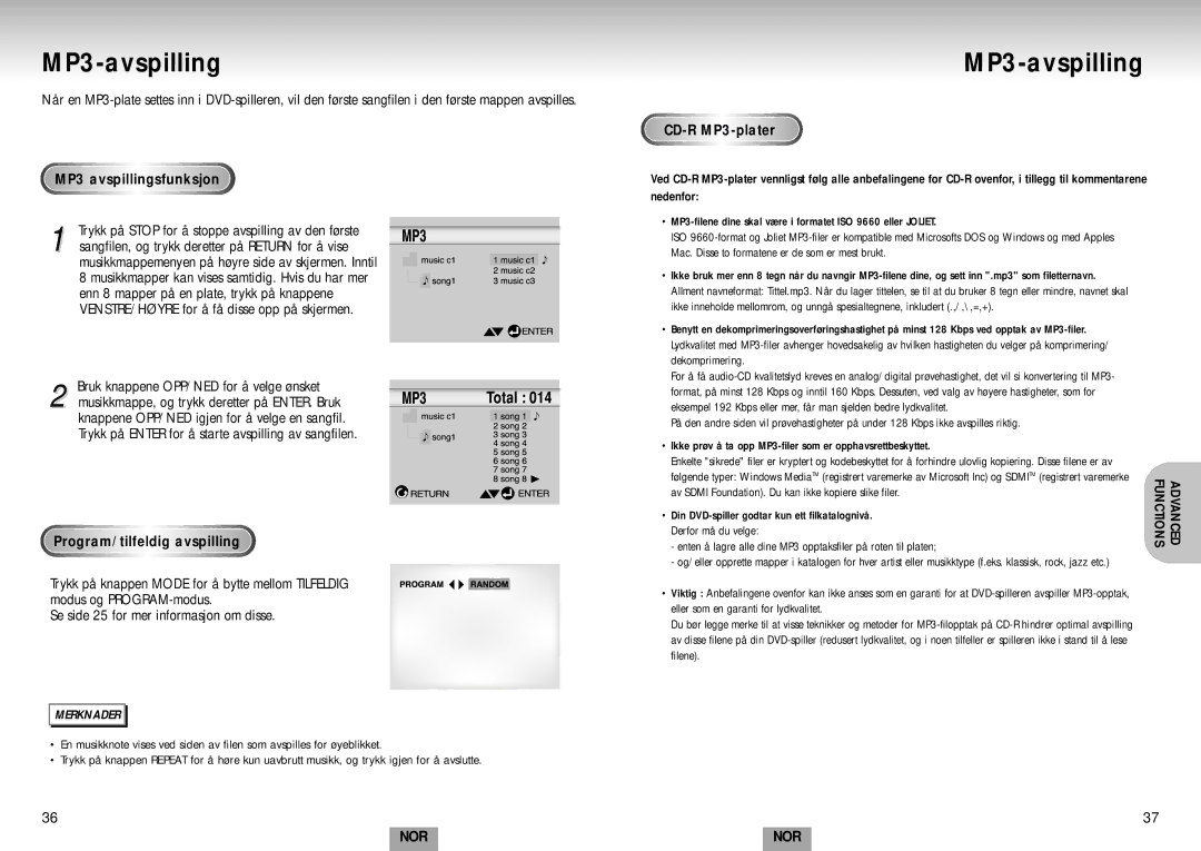 Samsung DVD-S224/XEE manual MP3-avspilling, MP3 avspillingsfunksjon, Program/tilfeldig avspilling, CD-R MP3-plater 