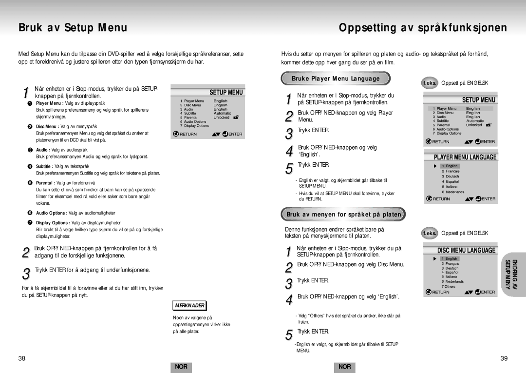 Samsung DVD-S224/XEE manual Bruk av Setup Menu, Oppsetting av språkfunksjonen, Ayer 