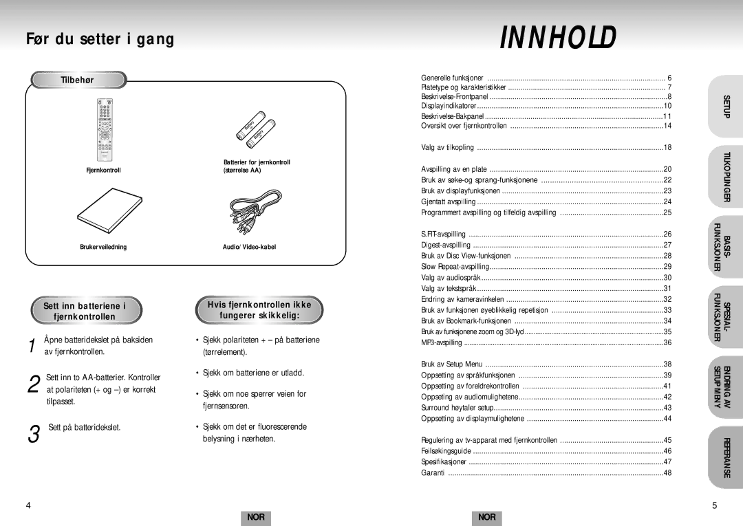 Samsung DVD-S224/XEE Før du setter i gang, Tilbehør, Inn, Av fjernkontrollen, Hvis fjernkontrollen ikke Fungerer skikkelig 