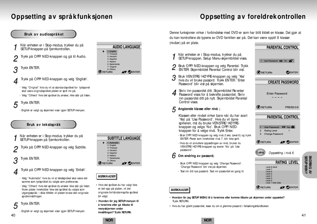 Samsung DVD-S224/XEE Oppsetting av foreldrekontrollen, Bruk av audiospråket, Bruk av tekstspråk, Om endring av passord 