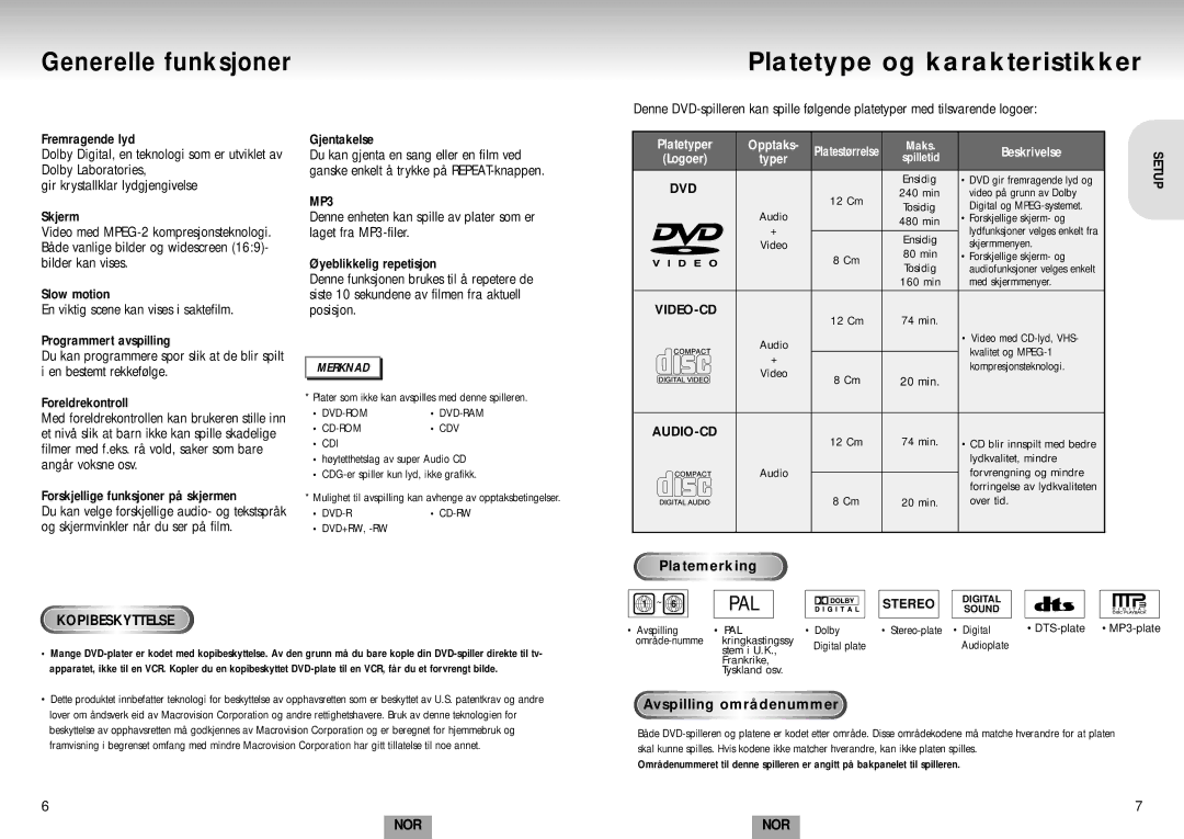 Samsung DVD-S224/XEE manual Generelle funksjoner Platetype og karakteristikker, Gjentakelse, Platemerking 