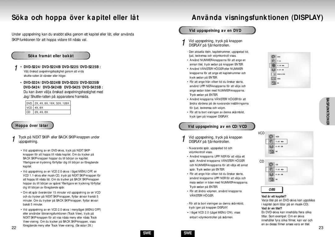 Samsung DVD-S224/XEE Söka och hoppa över kapitel eller låt, Söka framåt eller bakåt, DVD-S224/DVD-S224B/DVD-S225/DVD-S225B 