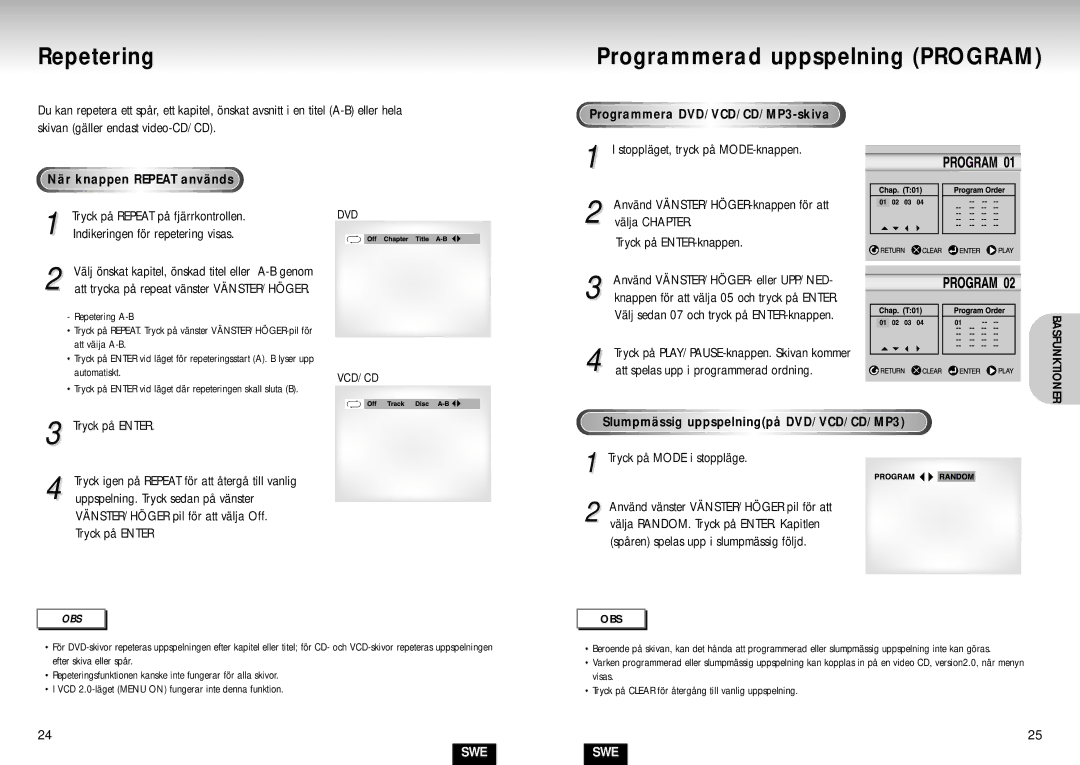 Samsung DVD-S224/XEE manual Repetering, Programmerad uppspelning Program 