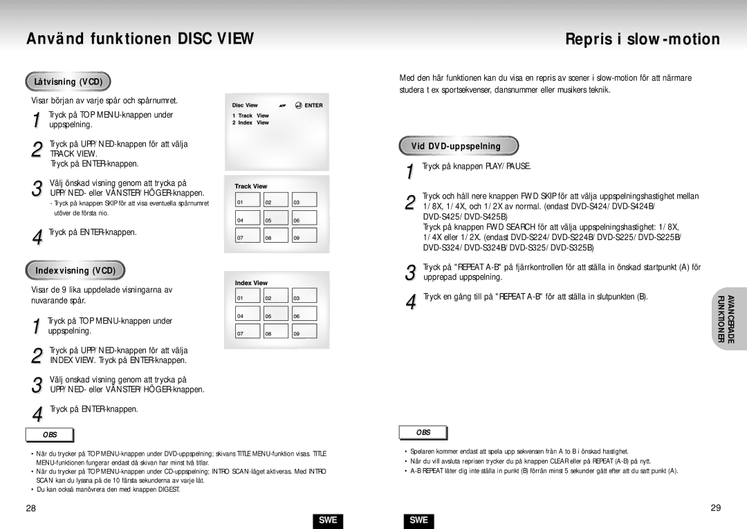 Samsung DVD-S224/XEE manual Använd funktionen Disc View, Repris i slow-motion, Låtvisning VCD, Indexvisning VCD 