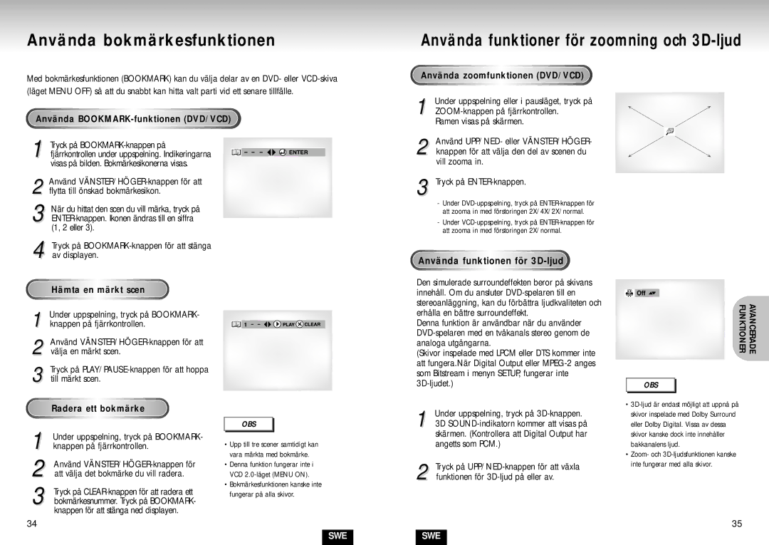 Samsung DVD-S224/XEE manual Använda zoomfunktionen DVD/VCD 