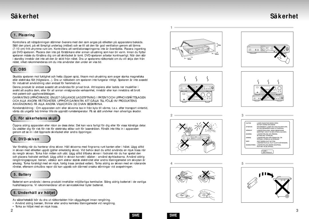 Samsung DVD-S224/XEE manual Säkerhet 