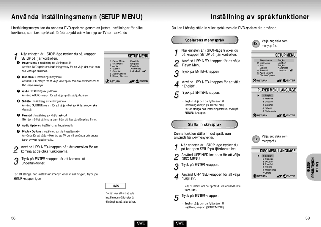 Samsung DVD-S224/XEE manual Använda inställningsmenyn Setup Menu, Inställning av språkfunktioner, Ställa in skivspråk 