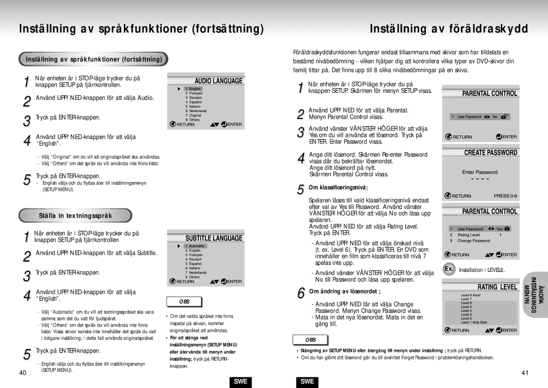 Samsung DVD-S224/XEE Inställning av språkfunktioner fortsättning, Inställning av föräldraskydd, Ställa in textningsspråk 