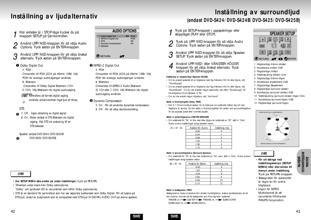 Samsung DVD-S224/XEE manual Inställning av ljudalternativ Inställning av surroundljud, Pcm, Bitstream 