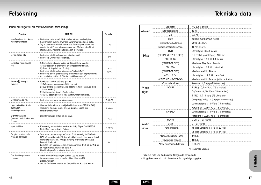 Samsung DVD-S224/XEE manual Felsökning, Tekniska data, Innan du ringer till en serviceverkstad felsökning, Allmänt 