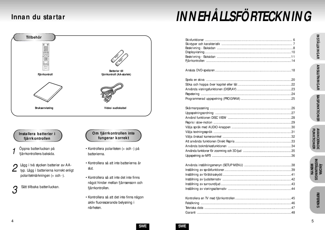 Samsung DVD-S224/XEE manual Innan du startar, Tillbehör, Installera batterier Fjärrkontrollen, Sätt tillbaka batteriluckan 