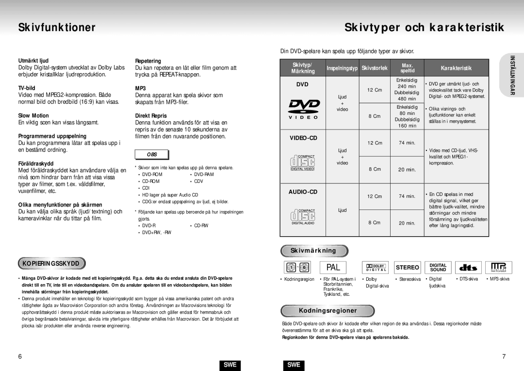 Samsung DVD-S224/XEE manual Skivfunktioner Skivtyper och karakteristik, TV-bild, Skivmärkning, Kodningsregioner 