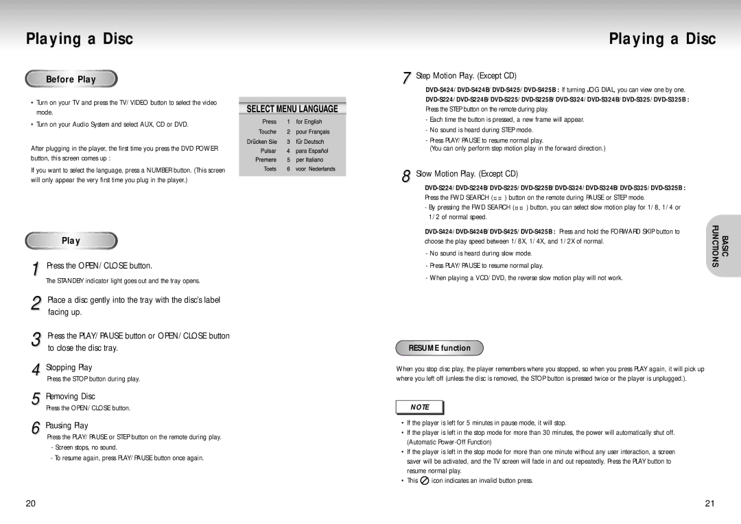 Samsung DVD-S224/XEH, DVD-S224/XEG, DVD-S225/XEG, DVD-S224/XEF, DVD-S225/XET, DVD-S224/XET, DVD-S225/XEC manual Playing a Disc 