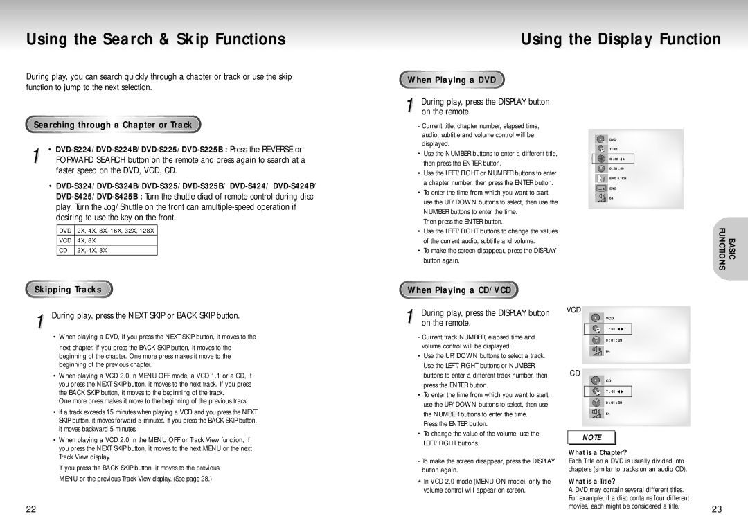 Samsung DVD-S225/XEH manual Searching through a Chapter or Track, When Playing a DVD, Skipping Tracks When Playing a CD/VCD 