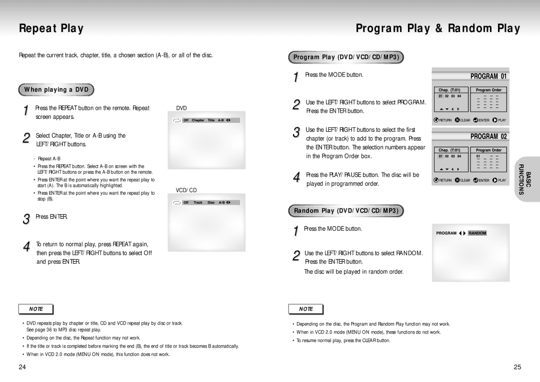 Samsung DVD-S224/XEG Repeat Play, Program Play & Random Play, Program Play DVD/VCD/CD/MP3, Random Play DVD/VCD/CD/MP3 