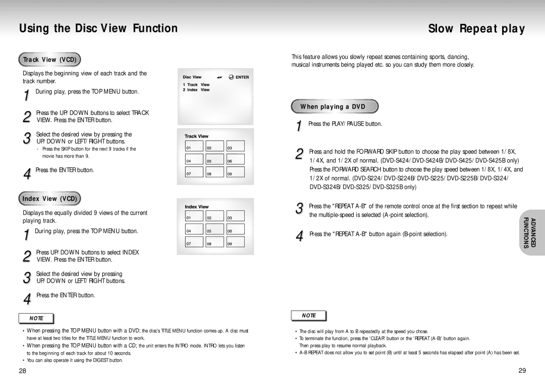 Samsung DVD-S224/XEF, DVD-S224/XEG manual Using the Disc View Function, Slow Repeat play, Track View VCD, Index View VCD 