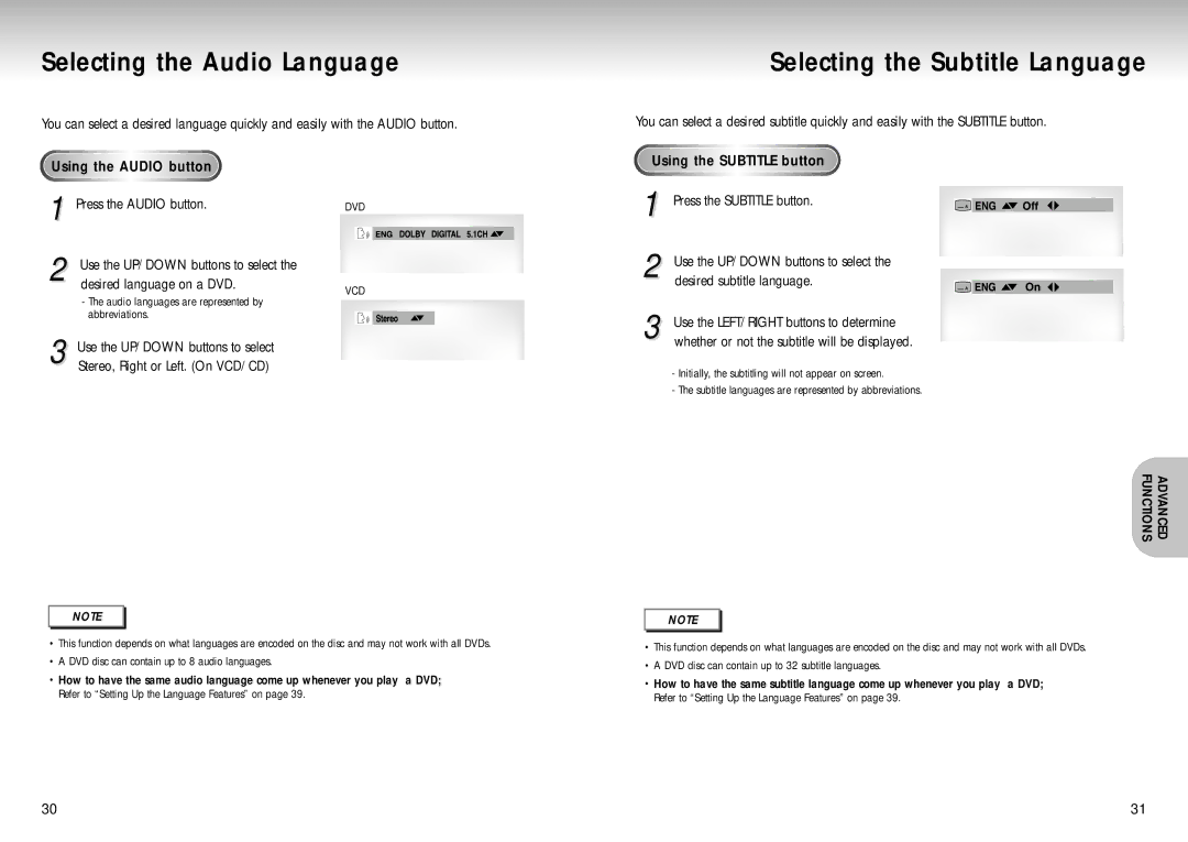 Samsung DVD-S225/XET, DVD-S224/XEG Selecting the Audio Language, Selecting the Subtitle Language, Using the Audio button 