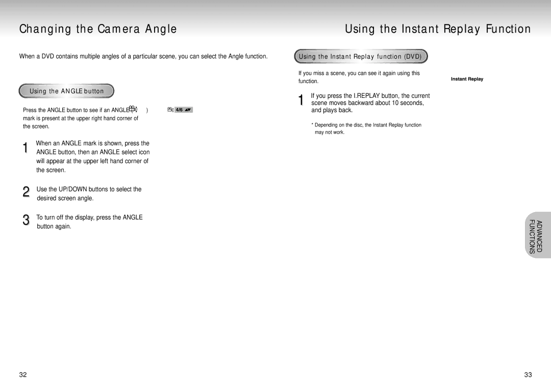 Samsung DVD-S224/XET, DVD-S224/XEG Changing the Camera Angle, Using the Instant Replay Function, Using the Angle button 