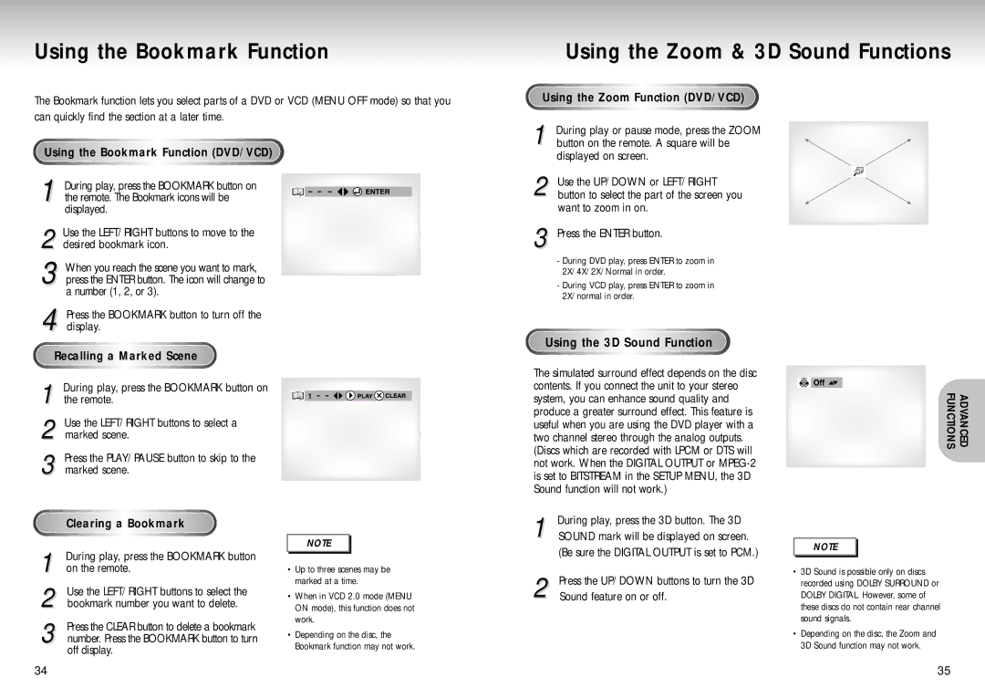 Samsung DVD-S225/XEC, DVD-S224/XEG, DVD-S225/XEG manual Using the Bookmark Function, Using the Zoom & 3D Sound Functions 