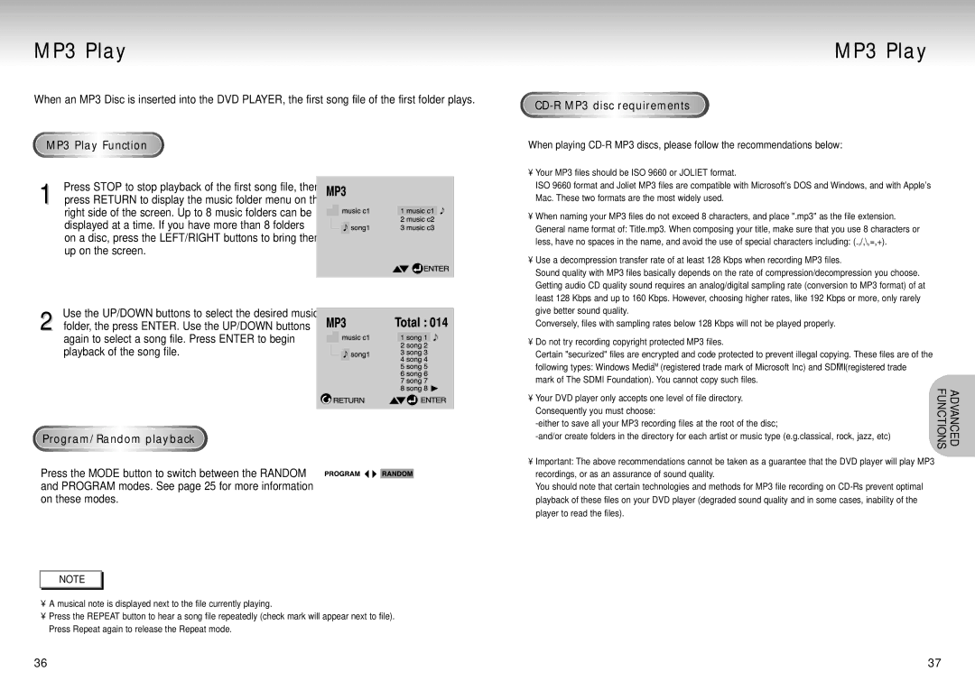 Samsung DVD-S224/XEC-P, DVD-S224/XEG manual MP3 Play Function, Program/Random playback, CD-R MP3 disc requirements 