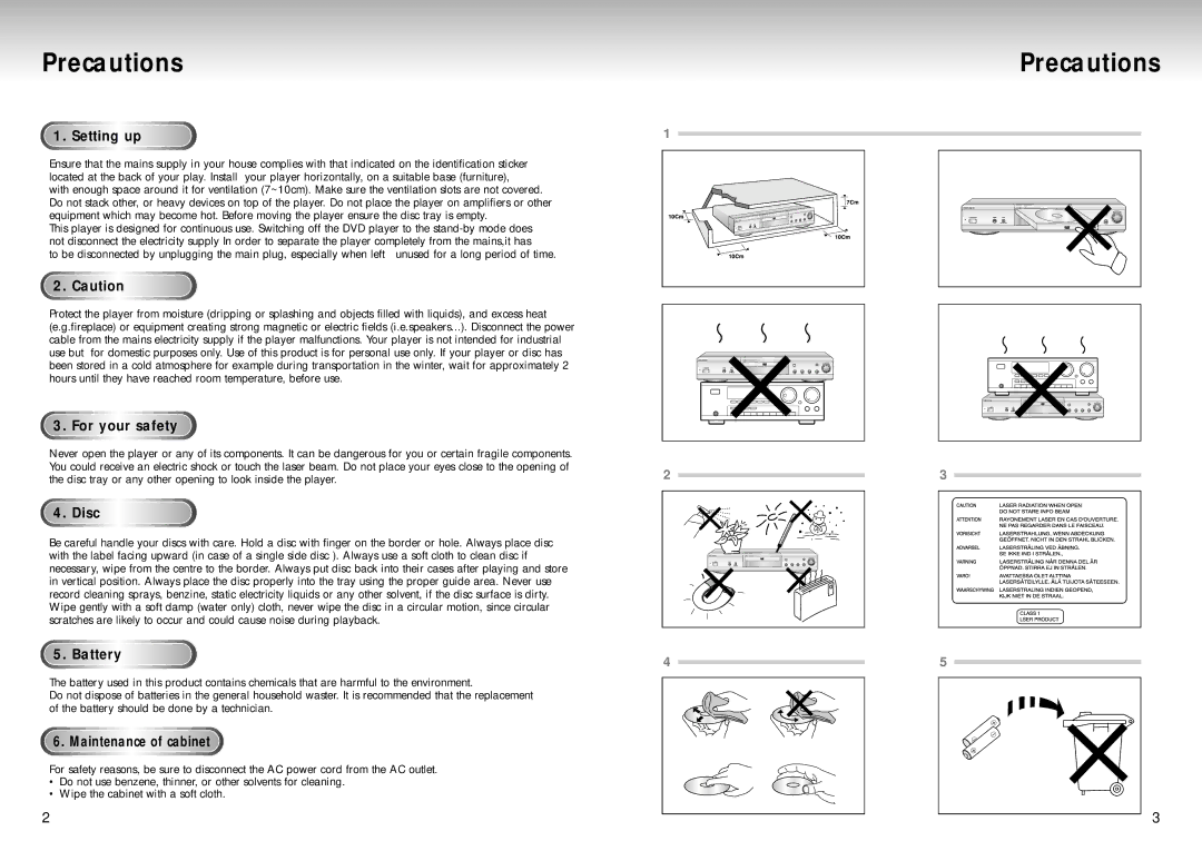 Samsung DVD-S224/XEF, DVD-S224/XEG, DVD-S225/XEG, DVD-S225/XET, DVD-S224/XET, DVD-S225/XEC, DVD-S224/XEC-P manual Precautions 