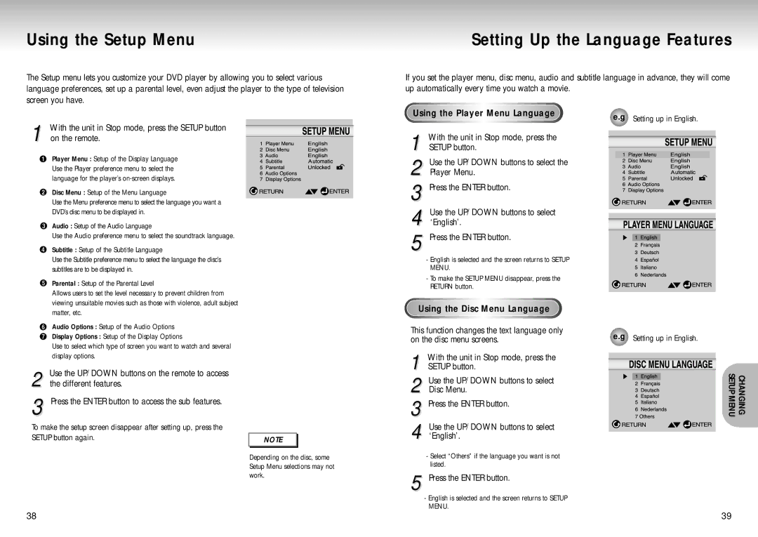 Samsung DVD-S224/XEC, DVD-S224/XEG, DVD-S225/XEG, DVD-S224/XEF manual Using the Setup Menu, Setting Up the Language Features 