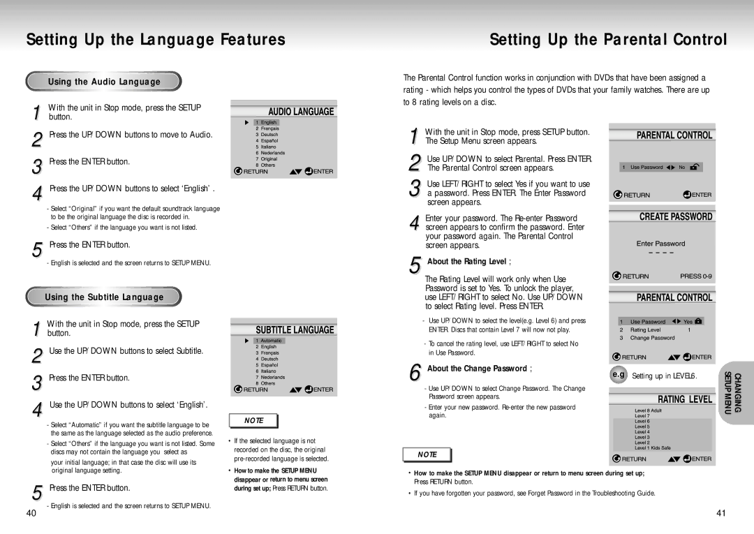 Samsung DVD-S225/EUR, DVD-S224/XEG Setting Up the Parental Control, Using the Audio Language, Using the Subtitle Language 