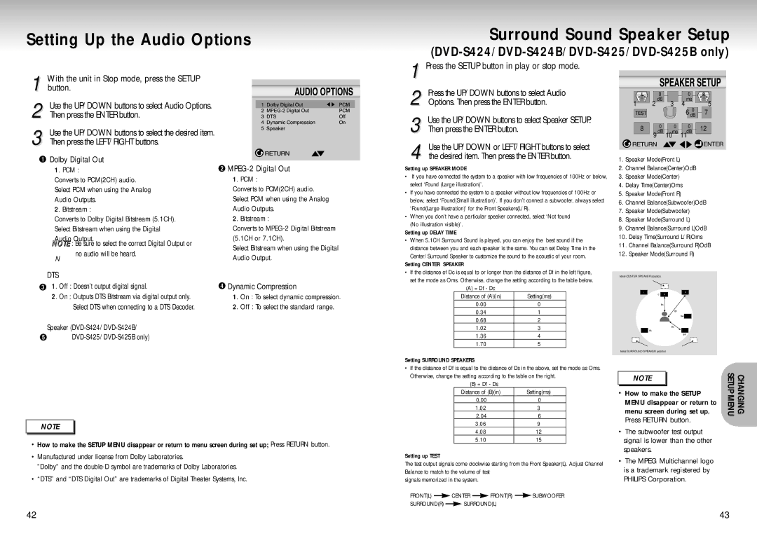 Samsung DVD-S224/EUR, DVD-S224/XEG, DVD-S225/XEG, DVD-S224/XEF Setting Up the Audio Options Surround Sound Speaker Setup 