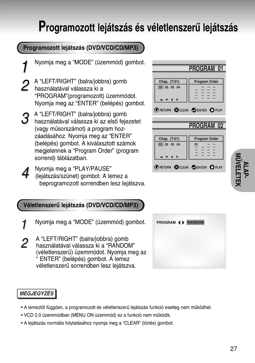 Samsung DVD-S224/XET, DVD-S224/EUR manual Programozott lej‡tsz‡s DVD/VCD/CD/MP3, VŽletlenszerõ lej‡tsz‡s DVD/VCD/CD/MP3 