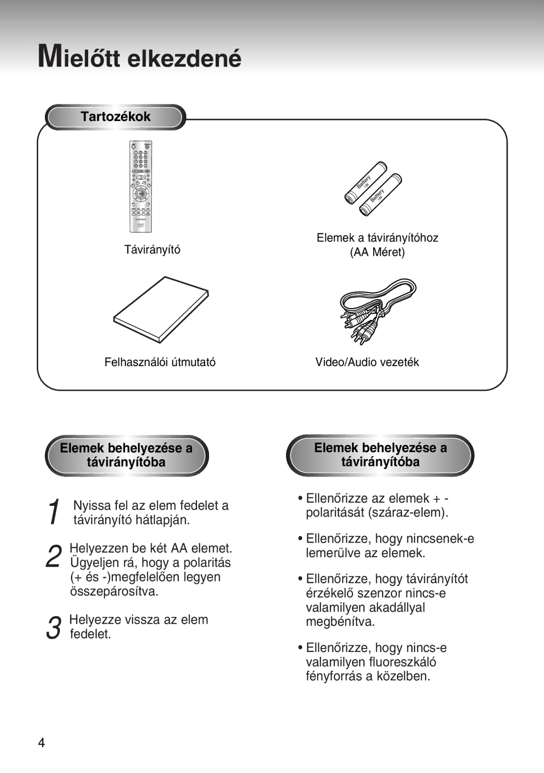 Samsung DVD-S224/EUR, DVD-S224/XET, DVD-S224/XEH manual MielÎtt elkezdenŽ, TartozŽkok, Elemek behelyezŽse a ‡vir‡ny’t-ba 