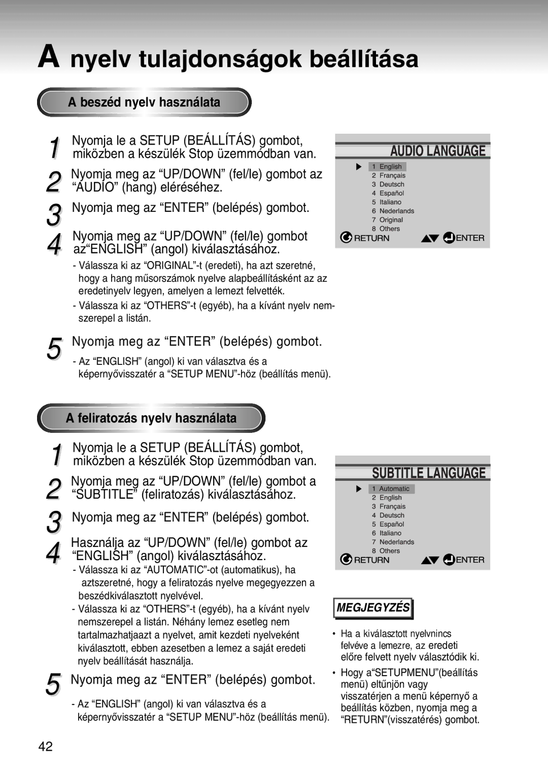 Samsung DVD-S224/XET, DVD-S224/EUR, DVD-S224/XEH manual BeszŽd nyelv haszn‡lata, Feliratoz‡s nyelv haszn‡lata 