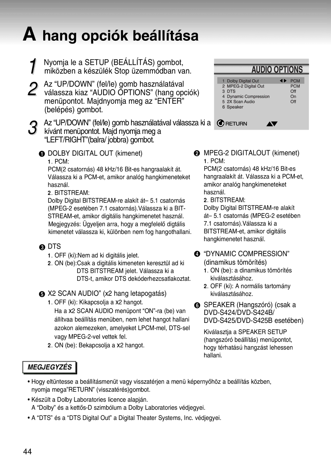 Samsung DVD-S224/XEH, DVD-S224/XET, DVD-S224/EUR manual Hang opci-k be‡ll’t‡sa, Dolby Digital OUT kimenet 