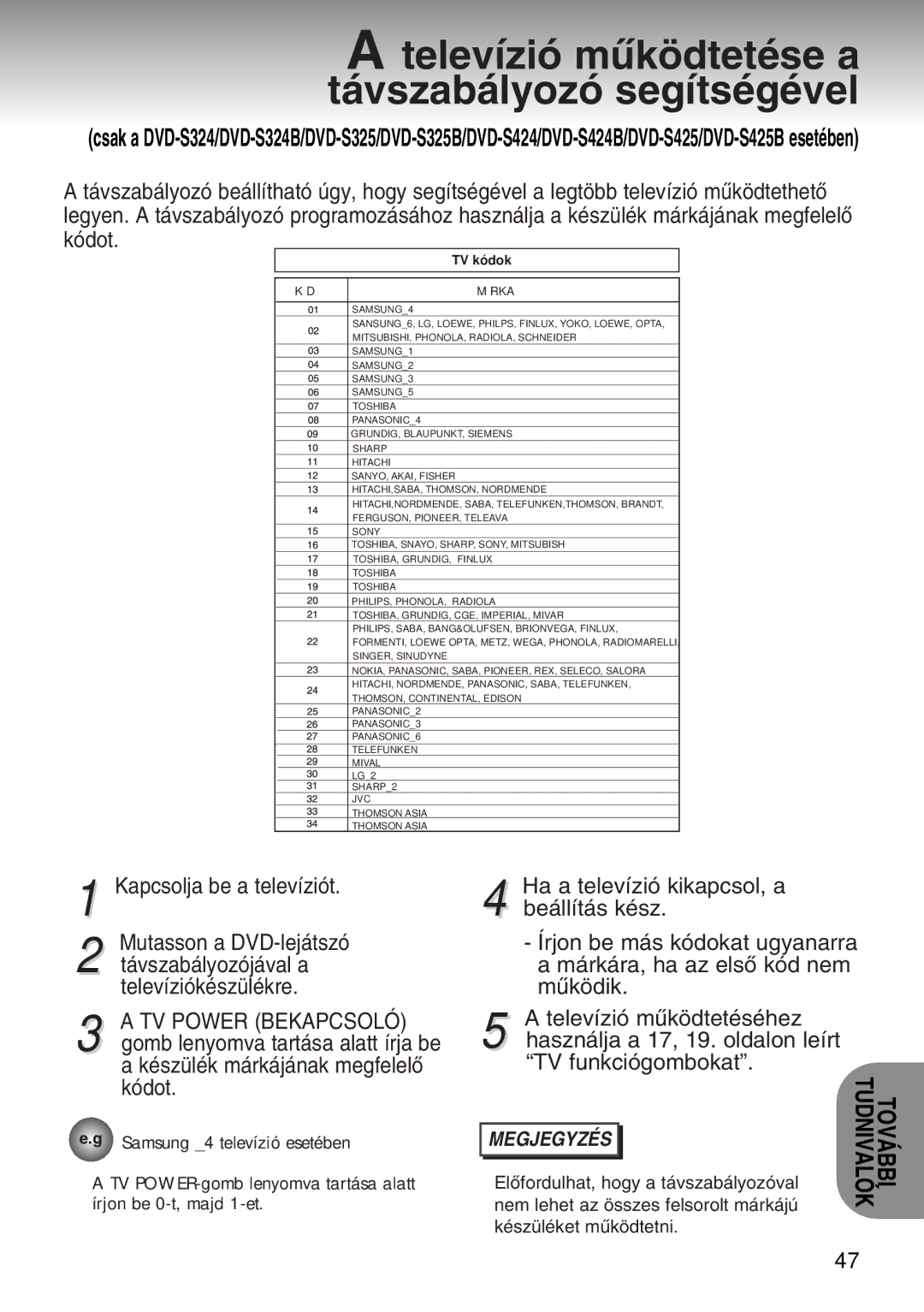 Samsung DVD-S224/XEH, DVD-S224/XET, DVD-S224/EUR manual Telev’zi- mõkšdtetŽse a t‡vszab‡lyoz- seg’tsŽgŽvel, TV kó dok 