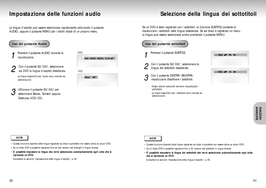 Samsung DVD-S224/XET manual Impostazione delle funzioni audio, Selezione della lingua dei sottotitoli, Avanzate 