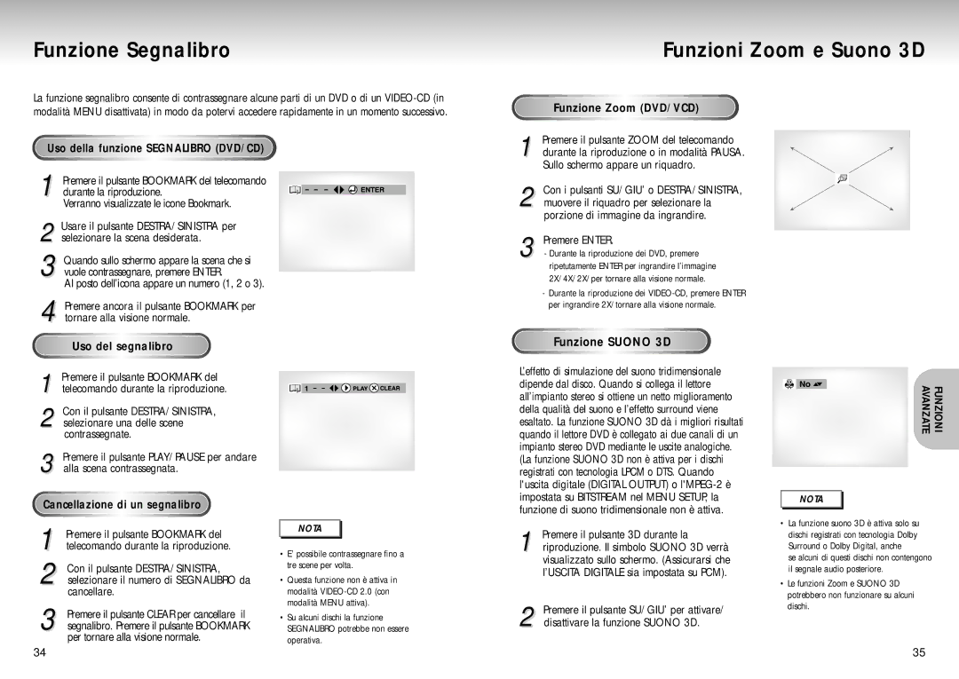 Samsung DVD-S224/XET manual Funzione Segnalibro, Funzioni Zoom e Suono 3D 